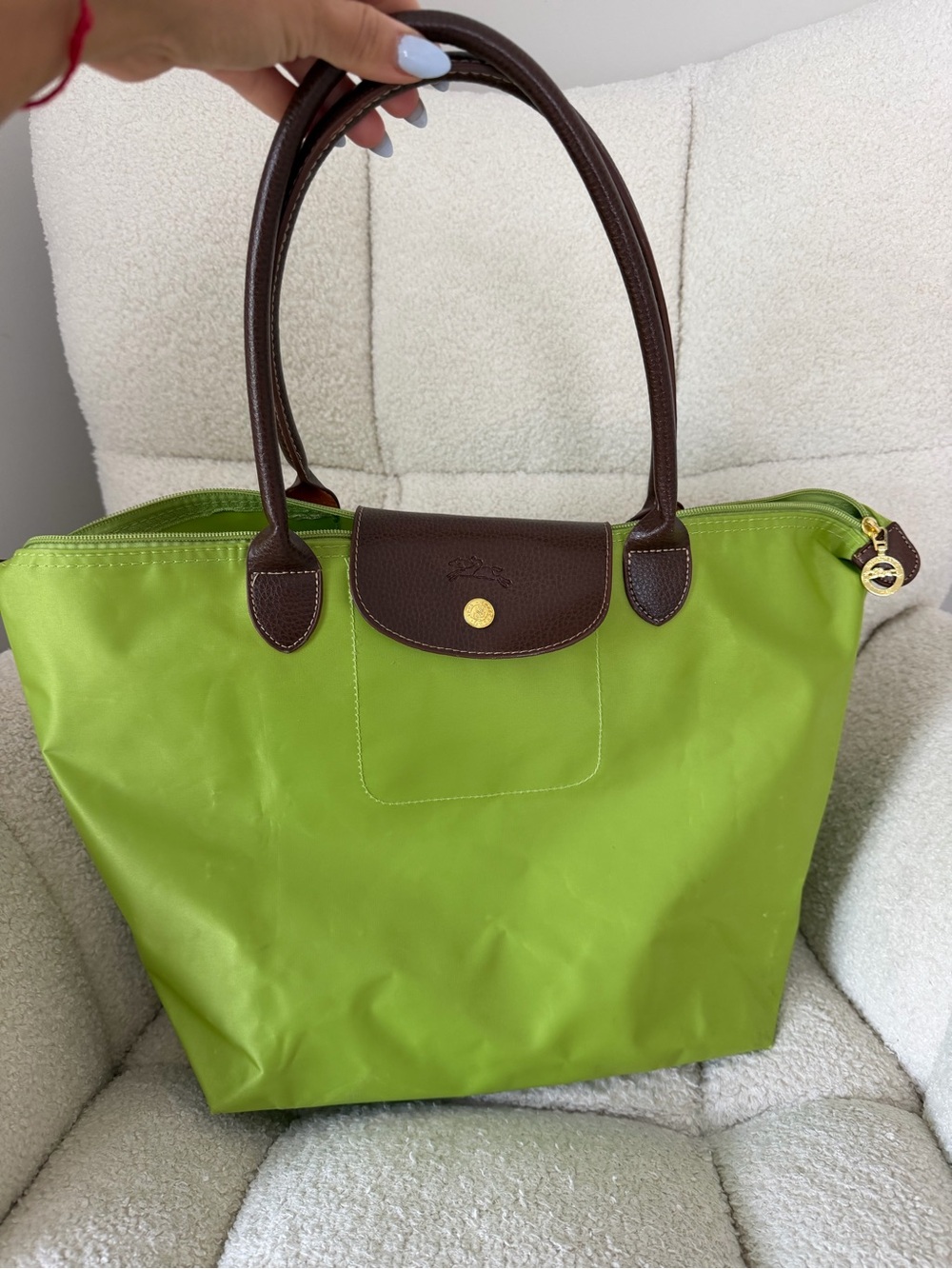 Longchamp Lime Green Nylon Tote with Brown Leather Handles
